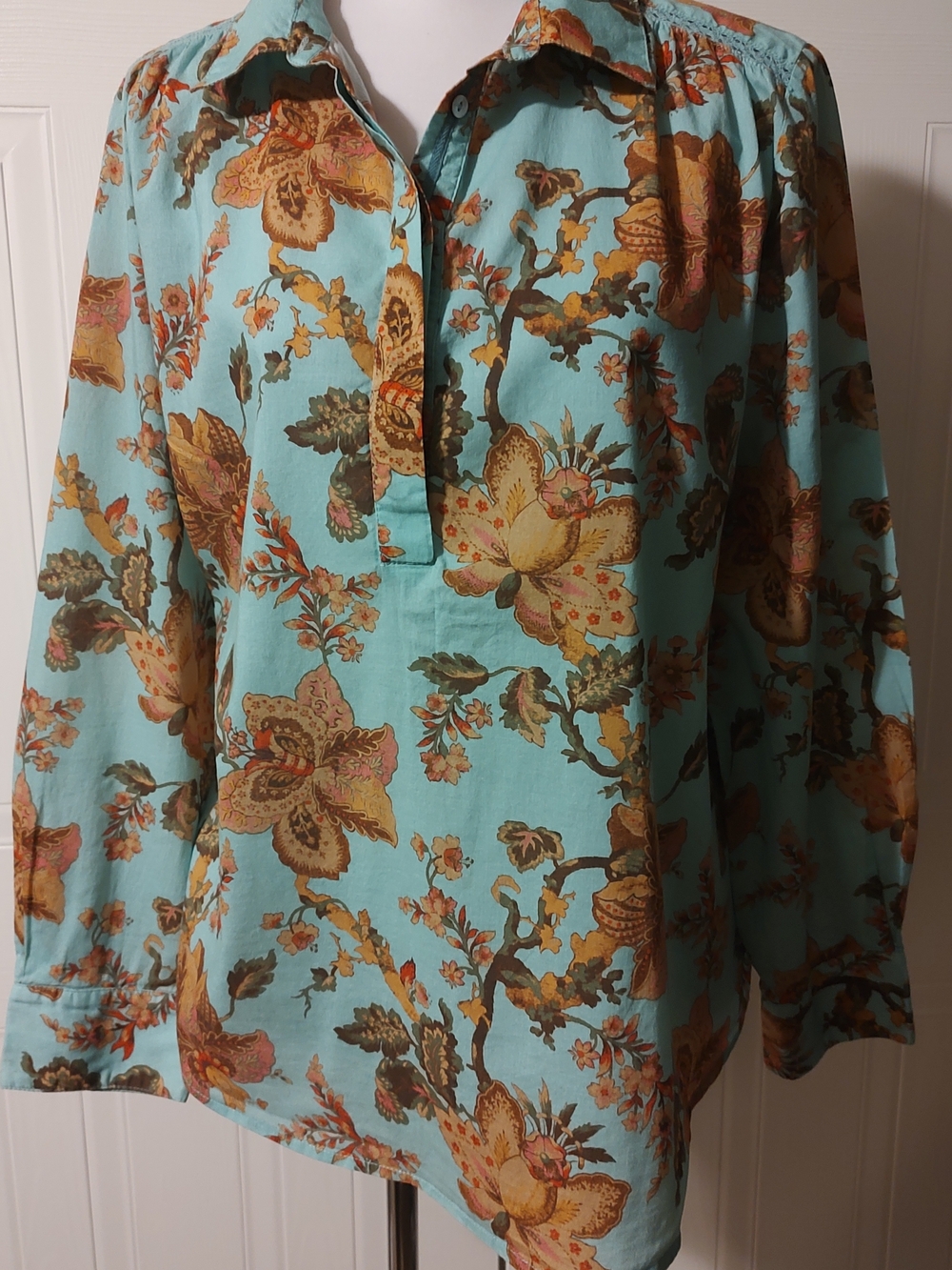 SUNDANCE Floral Multicolor Long Sleeve Blouse Crochet Shoulders Sz XL